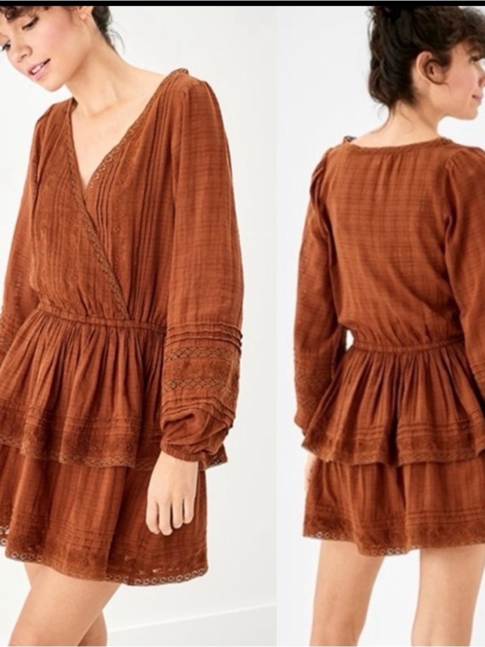 American Eagle Outfitters Burnt Orange Tiered Long-Sleeve Dress